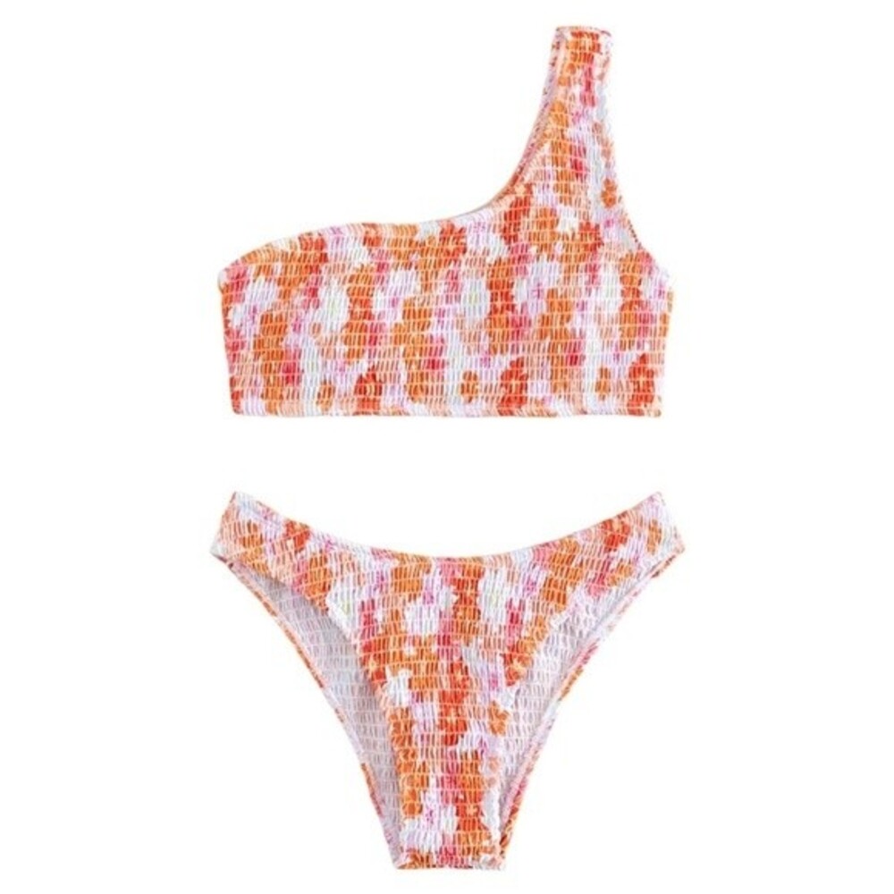 One Shoulder Smocked Bikini Set -Swim Suit Floral White Red Pink Size Large NEW